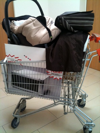 Had to borrow a shopping cart to get my shopping into my apartment...look closely for the baby.