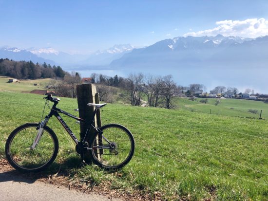 Mountain bike above Vevey, overlooking Swiss & French Alps